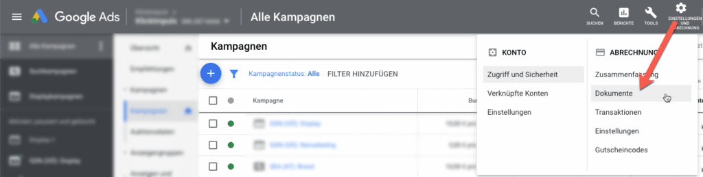 Google Ads Rechnungen herunterladen