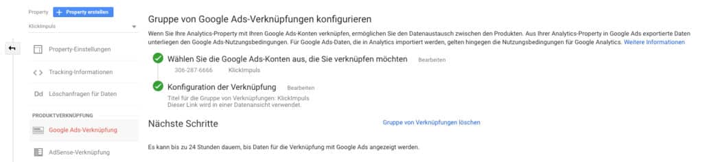 Google Ads Verknüpfung in der Google Analytics Verwaltung