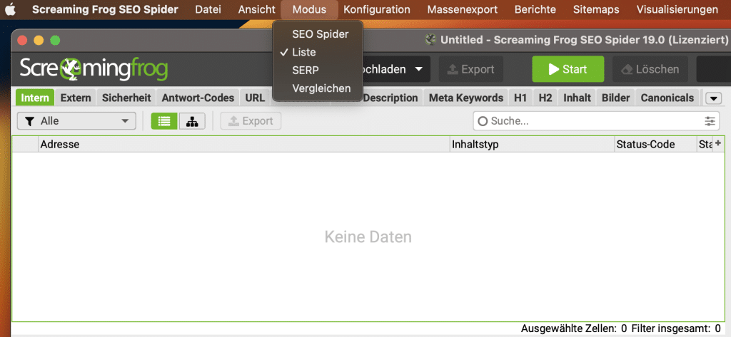 Aktiviere den Listenmodus bei Screaming Frog