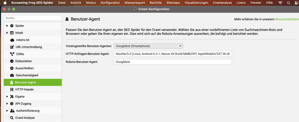 User Agent ändern bei Screaming Frog