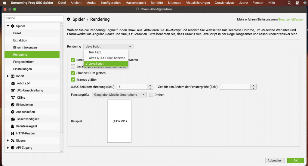 JavaScript Rendering auswählen