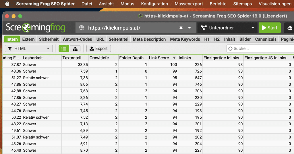 Link Score Tab in den Screaming Frog Ergebnissen