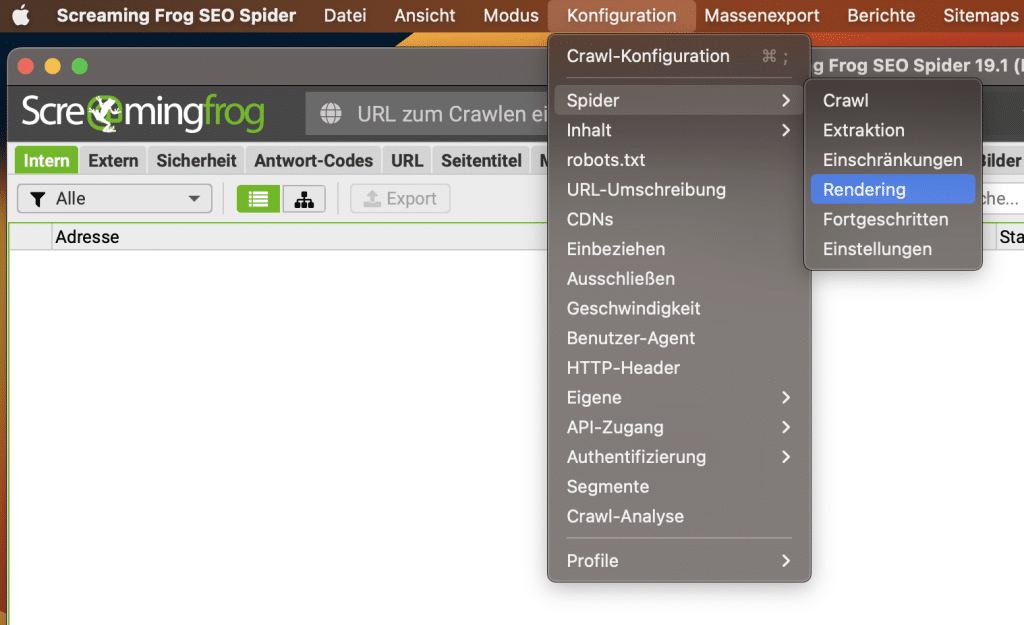 Rendering Einstellungen im Screaming Frog aufrufen
