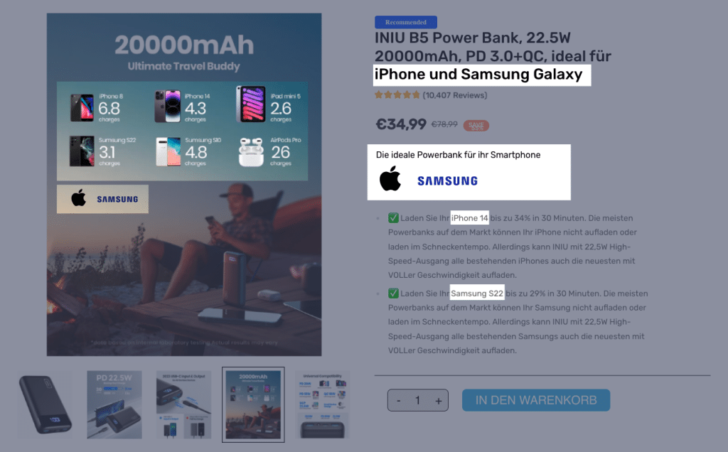 Die Wirkung des Halo-Effekts auf der Produktdetailseite der Powerbank von Iniu