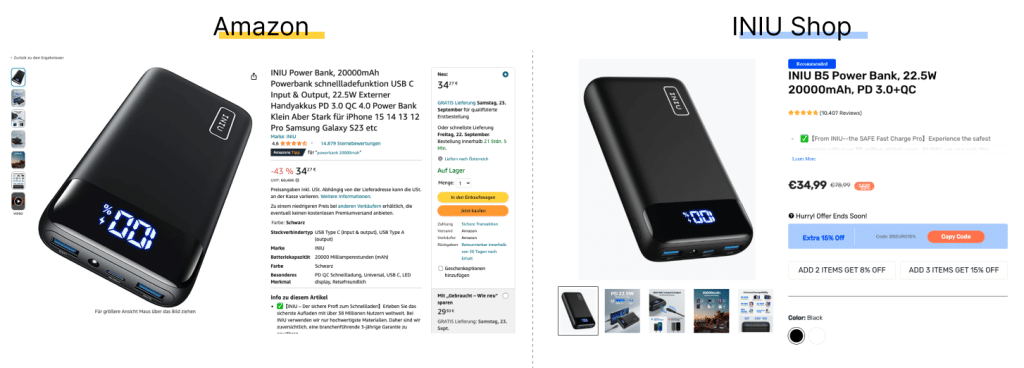 Produktdetailseite auf Amazon und Iniu Shop für die Powerbank.