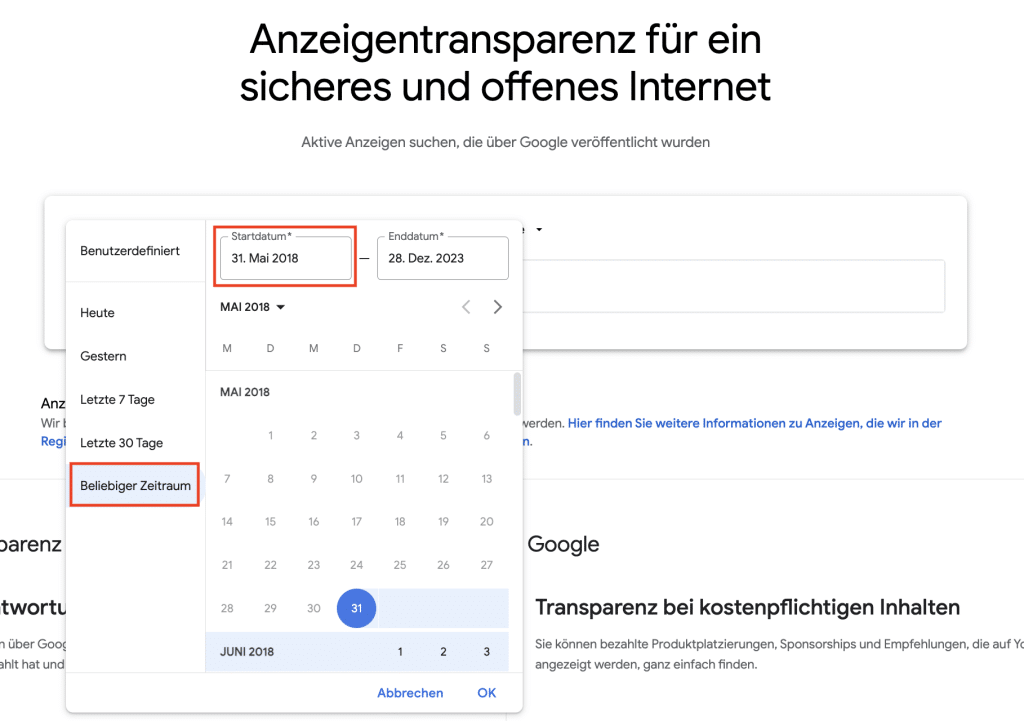 ads transparency center beliebiger zeitraum