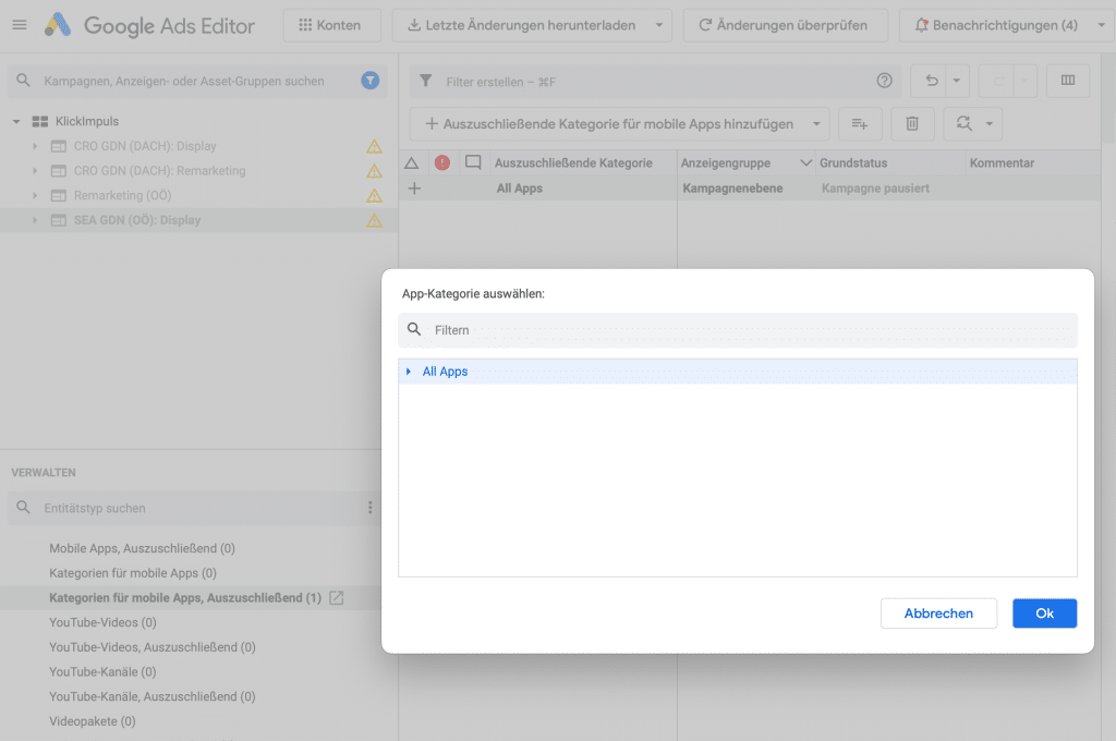 alle app kategorie placements ausschliessen google ads editor