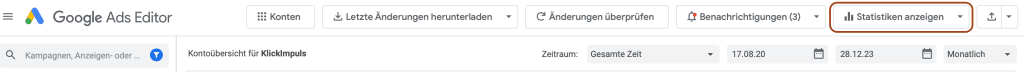 Screenshot des Google Ads Editor Dashboards mit einer Markierung, wo sich die Schaltfläche mit der Info zu den Statistik-Daten befindet.