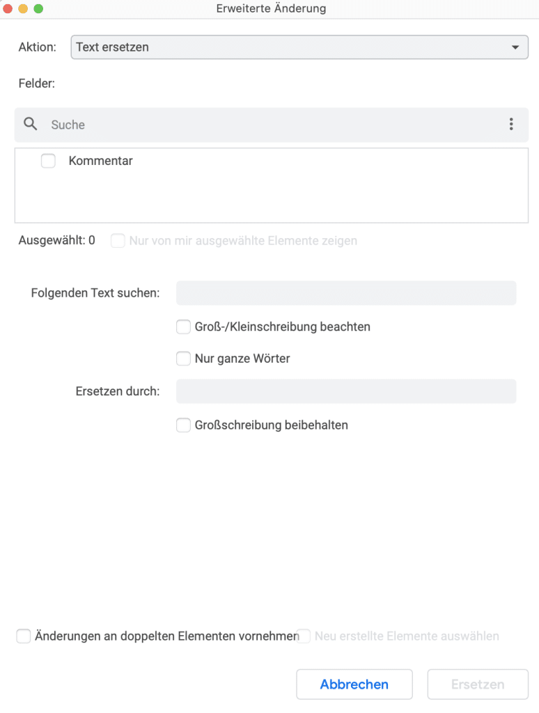 Das Feld mit den erweiterten Änderungen zum Suchen & Ersetzen von Textteilen in verschiedenen Elementen.