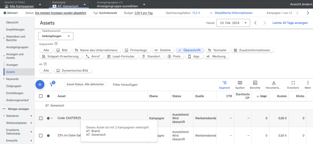 verknuepfte ueberschriften im google ads konto