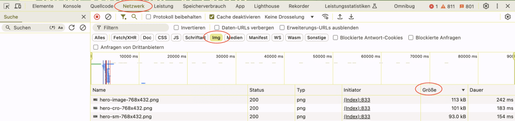 Überprüfung der Bildgröße in der Browser-Konsole