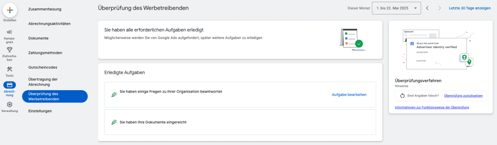 Erfolgreiche Überprüfung des Werbetreibenden in Google Ads
