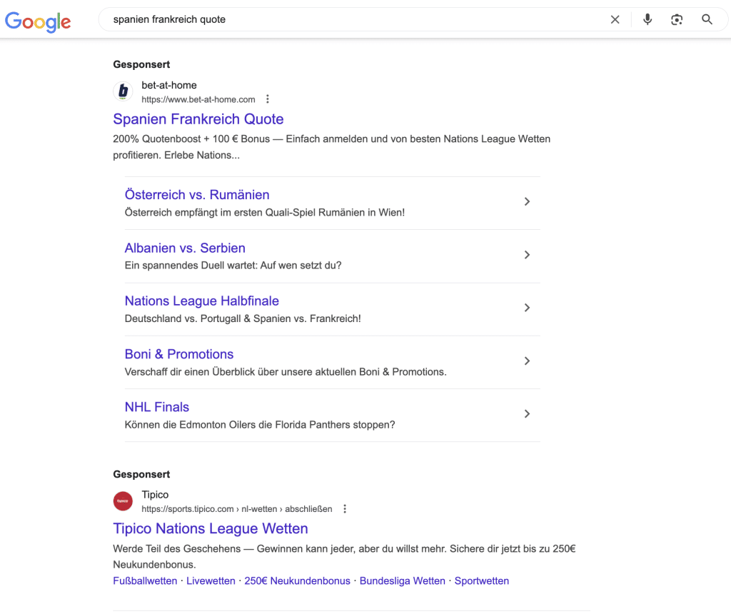 bet-at-home Google Ad mit Spielpaarung